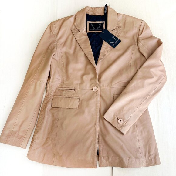 NWT Bod & Chritensen AURIANA Single Breasted Leather Blazer L Sand - Picture 1 of 15